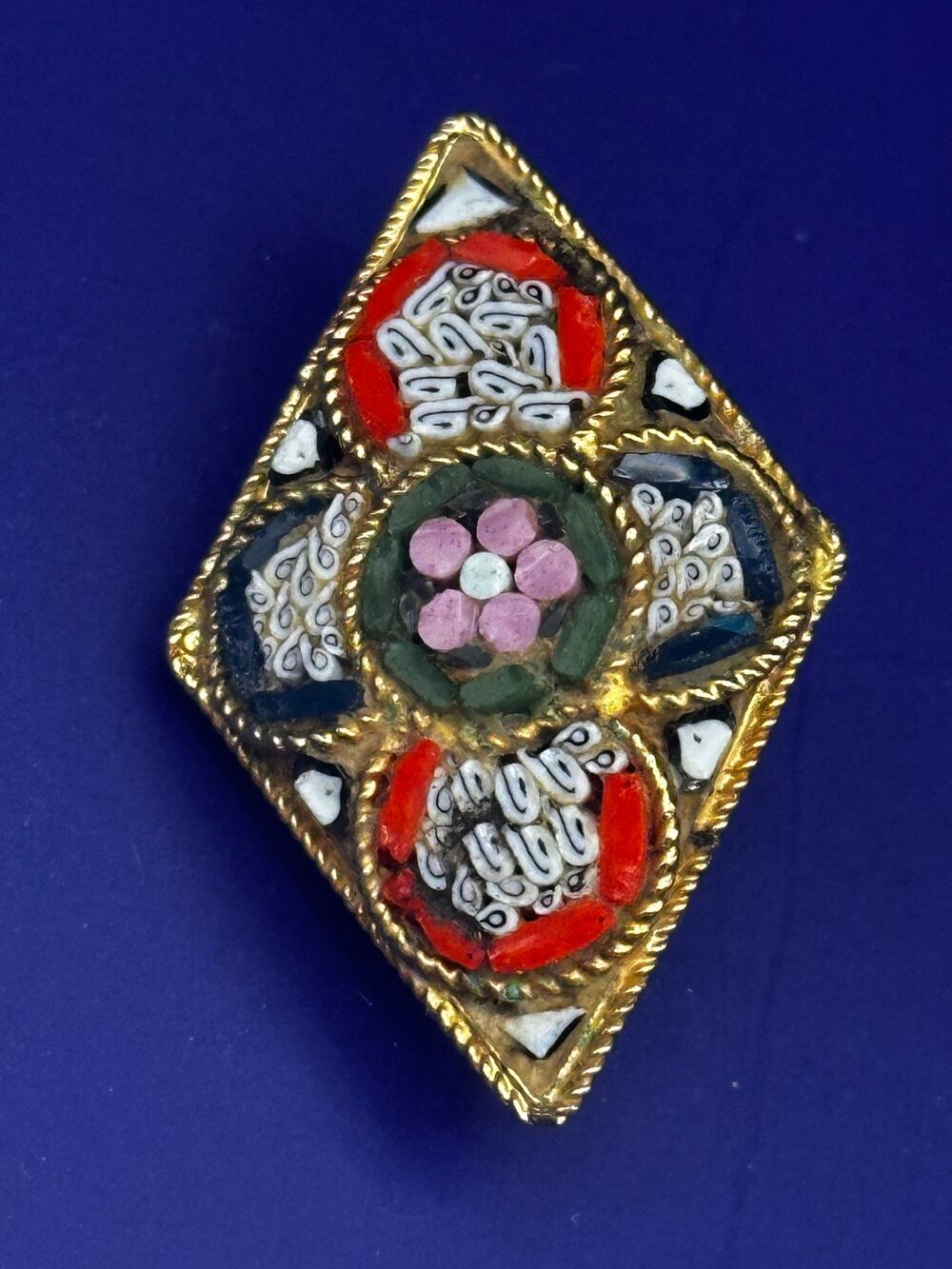 Vintage Signed ITALY Micro Mosaic Diamond Brooch Floral Gold Tone Rhombus Pin